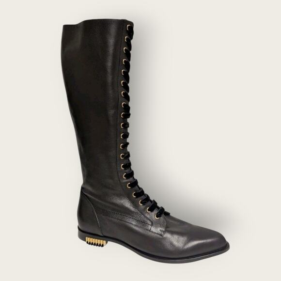 Giorgio Armani Runway Black Leather Lace Front Gold Trim Heel Boots 39.5 IT - Picture 1 of 16
